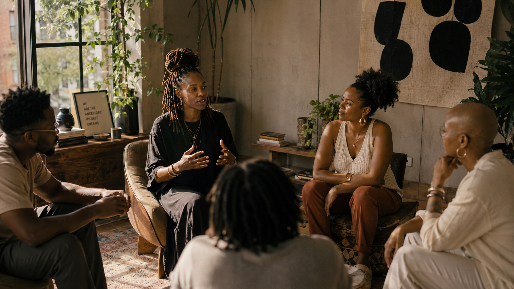 Five people seated in a circle in conversation in a sunlit room